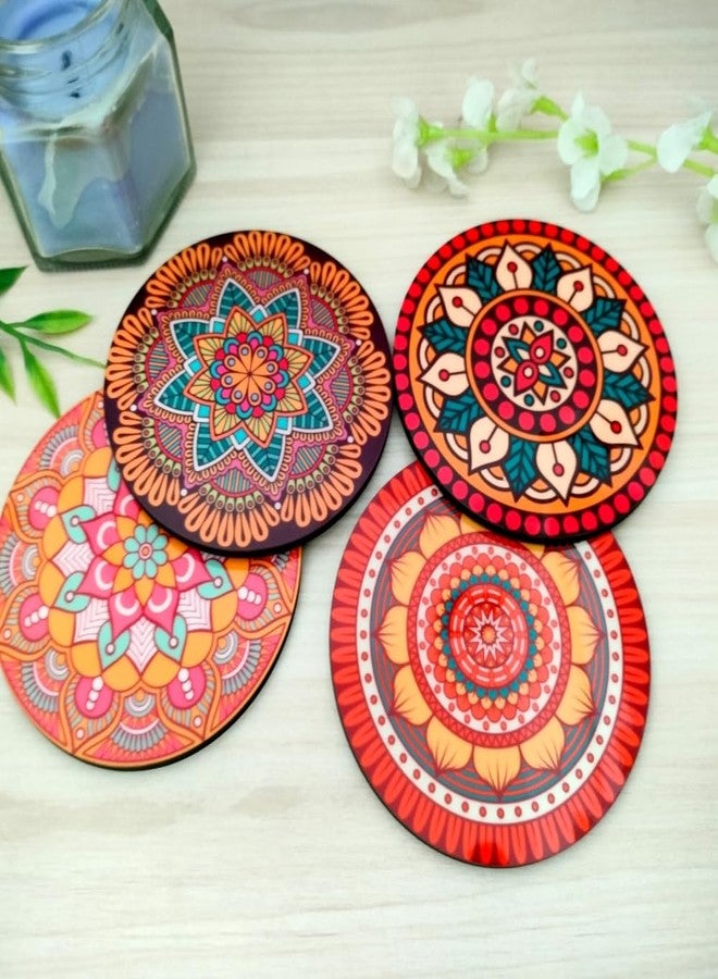 Yey Tea Coaster Set Colorful Mandala Pattern Printed Round, MDF Wood Material Coasters for Home and Kitchen, Office Table, Dining Table, Home Decor (3.5x3.5 inches, Set of 4) - Image 2